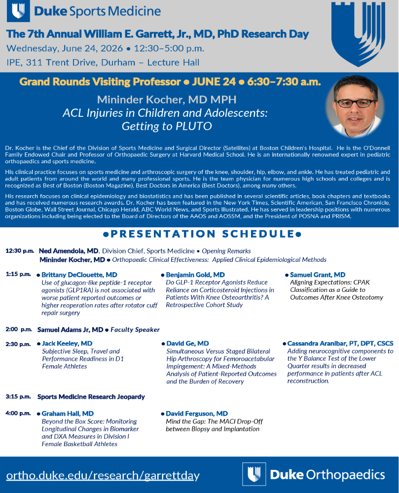 Duke Sports Medicine Research Day Schedule Grand Rounds and Afternoon Talks